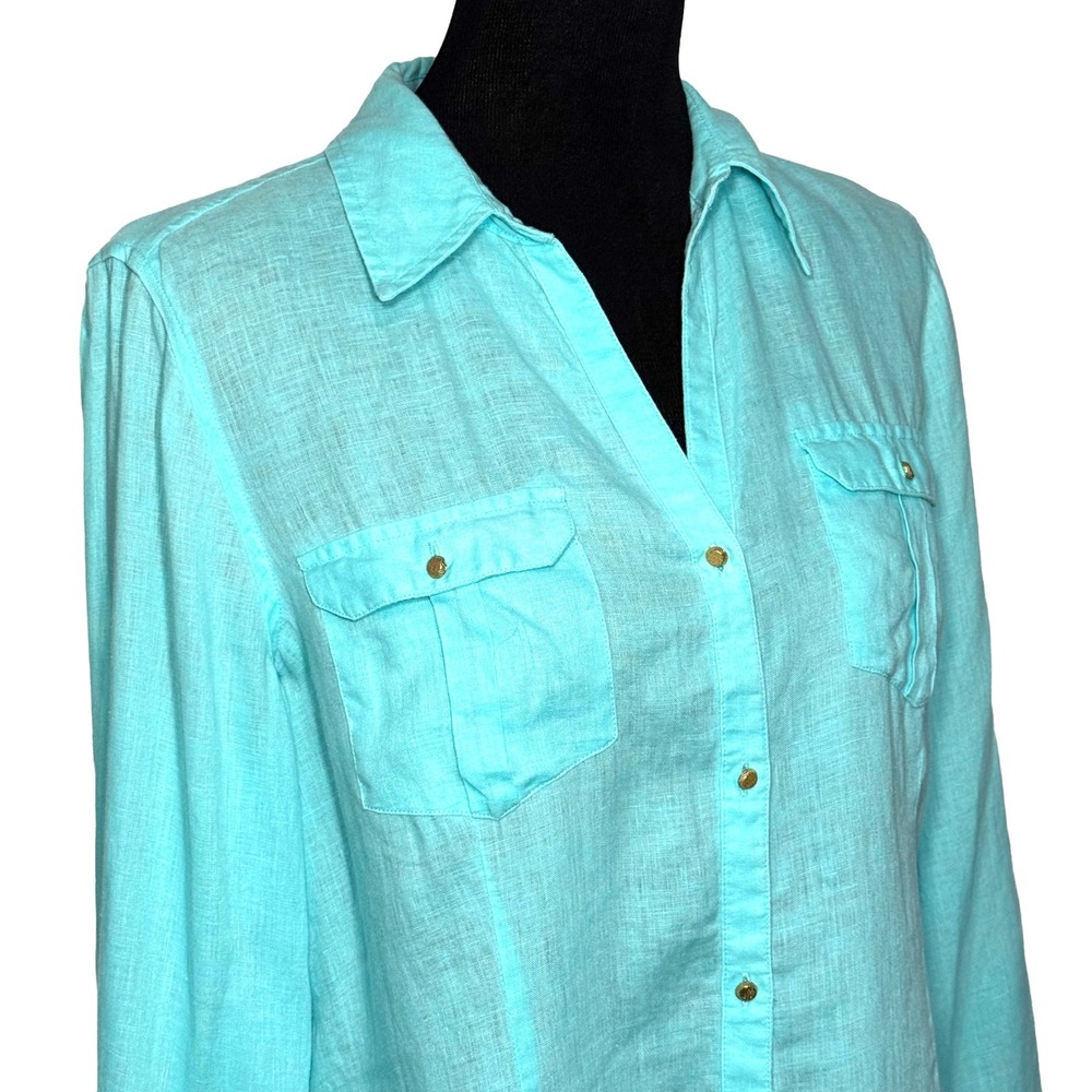 Chicos Womens Turquoise 100% Linen Button Down Roll Tab Shirt Aqua Size 1 Medium - Picture 3 of 10